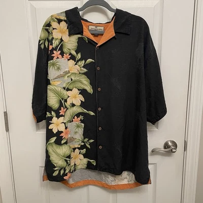 Camisa de Campamento Tommy Bahama 100% Seda Floral XL Negra Tropical Hawaiana Foto 1 de 4