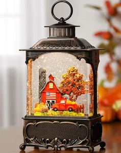 Fall Snow Globe Lantern with Red Truck Barn Pumpkin Fall Decorations for Home, L - Picture 1 of 12