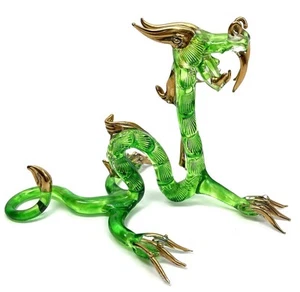 Hand Blown Glass Chinese Dragon Figurine Art Green And Gold Decor - Picture 1 of 8