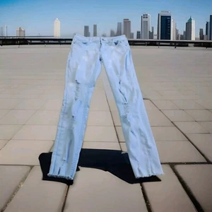 Arizona Jean Company Skinny Unhemmed Light Blue Jeans Juniors Size 7 Bleach  - Picture 1 of 20