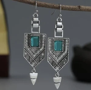 Museum Geometric Earrings Silver Inlaid Dangle Boho Ethnic Art Deco Modern - Picture 1 of 7
