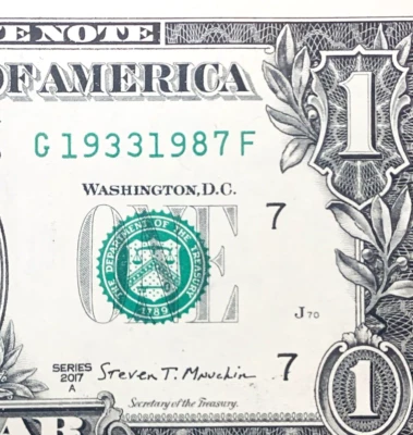 1933 - 1987 Tombstone Dual  Year Note One Dollar Bill Fancy Serial Number - Image 1 of 3