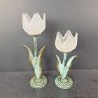 Vintage Tulip Cande Holders Set of 2 Brass and Glass Home Decor