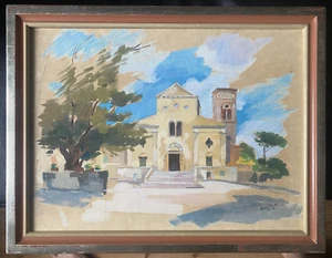 Dipinto a Olio Chiesa Mercato Ravello 1961 Autografato Telaio Blu Cielo Italia - Foto 1 di 8
