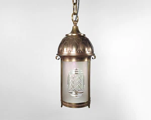 Niederländische 20er Jahre Jugendstil Messing & geschliffenes irisierendes Glas Flur Laterne Hängelampe - Bild 1 von 6