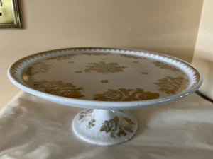 Porcelaine De France Cake Stand Vintage Pedestal Hand Painted Gold Floral - Picture 1 of 8