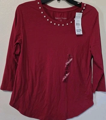 Rebecca Malone Womens Small 3/4 Sleeve Shirt New With Tags Red With Faux Pearls. - Image 1 of 4