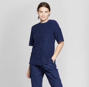 Prologue M Short Sleeve Boucle Pullover Sweater Cozy Blue Cotton Acrylic Knit - Picture 1 of 12