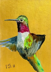 Hummingbird Bird Painting Hand Painted Gold Artwork Colibri Original Gift 5x7 in - Picture 1 of 8