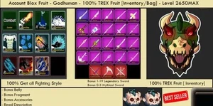 Blox Fruits - 100% T-Rex Fruit [Inventory] - Godhuman - Level MAX - Picture 1 of 1