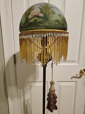 1930's Deco Nouveau Floor Lamp with Reverse Painted Glass Shade and Glass Fringe - Image 1 of 4