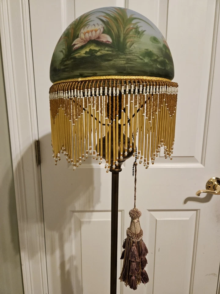 1930's Deco Nouveau Floor Lamp with Reverse Painted Glass Shade and Glass Fringe - Image 1 of 4