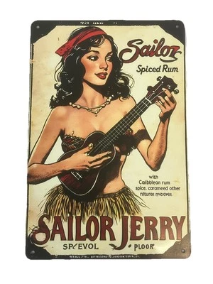 Letrero de hojalata de metal Sailor Jerry Tiki Bar arte de pared 12" x 8" Hula Girl ukelele nuevo Foto 1 de 4