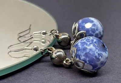 Blue Agate Earrings Handmade Dangle Jewelry - Image 1 of 4