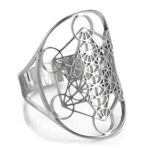 Sacred Geometry Ring Womens Silver Stainless Steel Spiritual Metatrons Cube Band - Picture 1 of 3