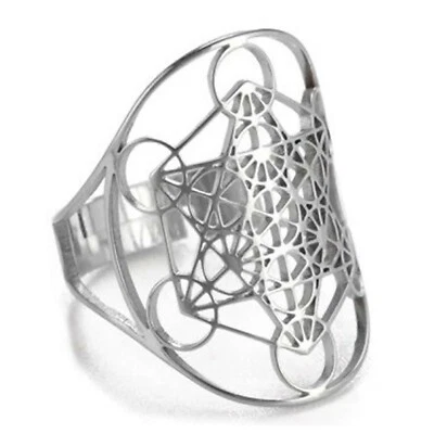 Sacred Geometry Ring Womens Silver Stainless Steel Spiritual Metatrons Cube Band - Image 1 of 3