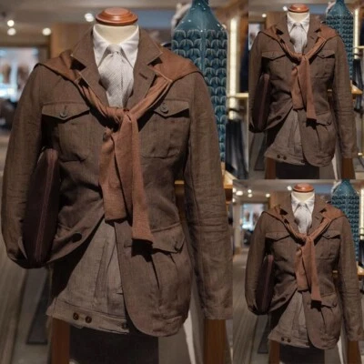 De colección Marrón Lino Para Hombre Trajes Chaqueta Safari Informal Exterior Caza Abrigo Pantalón Foto 1 de 4