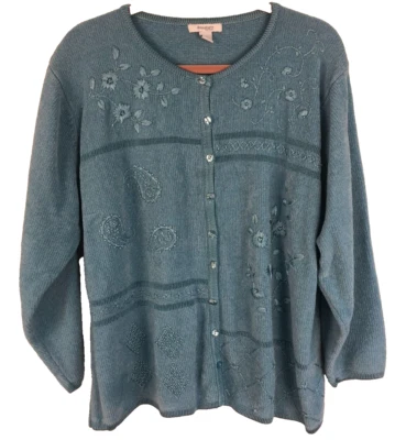 Dressbarn Cardigan Womens 2X Blue Floral & Paisley Beaded Embroider Long Sleeve - Image 1 of 4