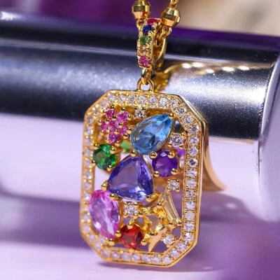 18K Gold Plated Rainbow Amethyst Topaz Citrine Gems Rectangle Charming Necklace - Image 1 of 4
