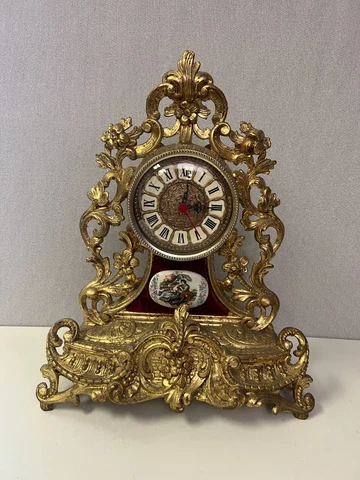 Vintage Italian Mod. Dep Gold Table Clock w/Porcelain Decoration, 17" Tall Cover