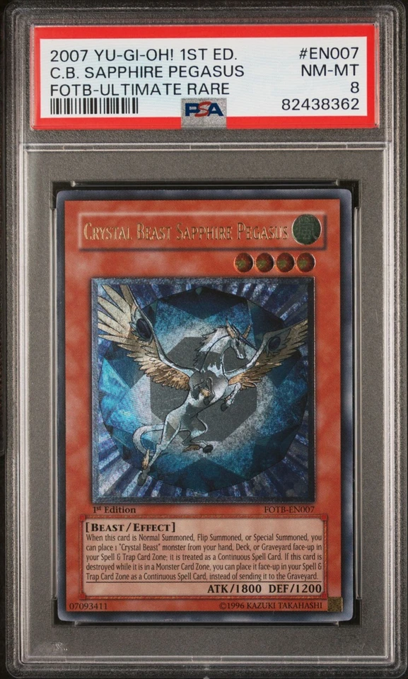 YUGIOH 1ST FOTB-EN007 CRYSTAL BEAST SAPPHIRE PEGASUS ULTIMATE RARE PSA 8 NM - Image 1 of 2