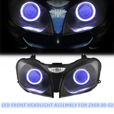 KT LED Angel Demon Eye Headlight Assembly for Kawasaki Ninja ZX-6R 2000-02 Blue Foto 1 de 4