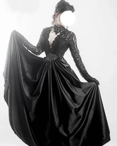 Black Victorian Prom Dress Sexy V Neck Lace Long Sleeve Glitter A-line Gothic - Picture 1 of 6