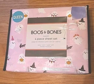 Halloween Ghost Pink Sheets Queen 4 Piece Set Boos & Bones NWT - Picture 1 of 9