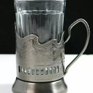 Russian Metal Tea Glass Holder Podstakannik w/ Soviet 20 Facet Granyonyi 8.5 oz - Picture 1 of 7