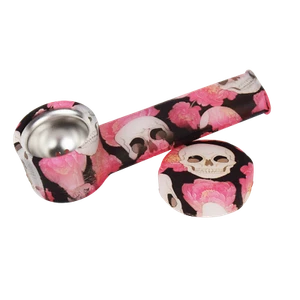 Glows in dark Silicone Smoking Pipe, Metal bowl & Cap Lid Skull & Rose 3.5 in - Picture 1 of 2