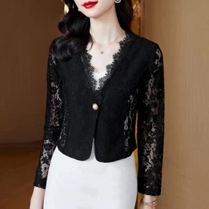 Women Lace Suit Cardigan Short Shawl Coat Cropped Shrug Jacket Business Blazer - Picture 1 of 10