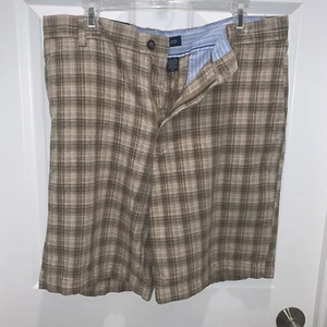 Men's Izod Golf Cream/Brown Plaid Flat Front Zipper/Button Shorts SZ 34 - Picture 1 of 5