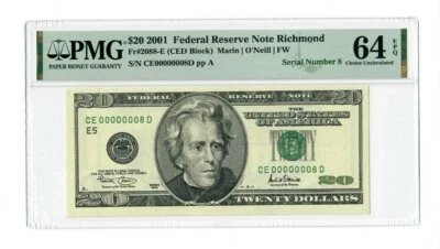 $20 FEDERAL RESERVE NOTE 2001  # 00000008  PMG-64 CHOICE UNCIRCULATED LOW S/N #8 - Image 1 of 2