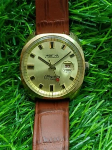 Authentic Mortima Mayerling Rare Golden Dial Date French Men's Mint Vintage - Picture 1 of 12