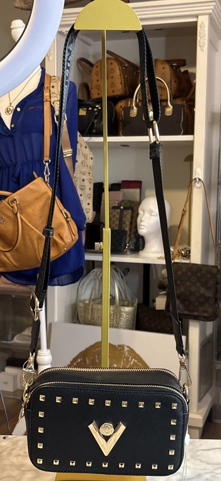 Valentino Orlandi black studded crossbody bag with gold-tone hardware. - Image 1 of 4