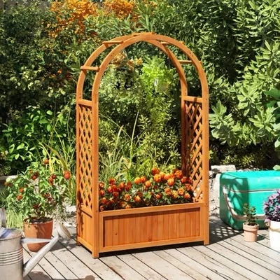 Wooden Garden Bed With Trellis Outdoor Planter Container Gardening - Image 1 of 2