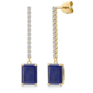 4.36 Ct Emerald Cut Blue Lapis G/H Lab Grown Diamond 14K Yellow Gold Earrings - Picture 1 of 6
