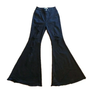 Vibrant Flare Jeans Black Bell Bottom Frayed Hem Distressed Size 5 (26) - Picture 1 of 11