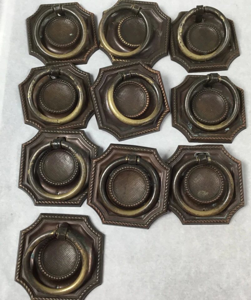 Vintage Brass/bronze Pull Ring drawer knobs brass square #268 - Image 1 of 4