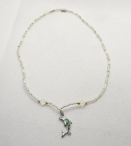 Unisex White Clear Beads Choker Necklace Silver Tone Abalone Dolphin  - Picture 1 of 5