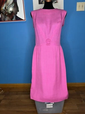 Vintage 60s Shift Dress MOD Go Go Mad Men Secretary Poly Knit Midi Pink Flower - Image 1 of 4