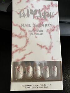 Red Aspen Reusable Nail Dashes, 24 Pop On Medium Round, Marbleous Mabel In Pink