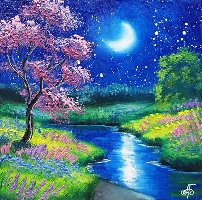 Pintura de paisaje de primavera al óleo original flor de cerezo luna río pintada a mano Foto 1 de 4