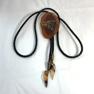 VTG Carnelian Agate Slice Bolo Tie Buffalo Black Cord Faux Tortoise Dangles - Picture 1 of 8