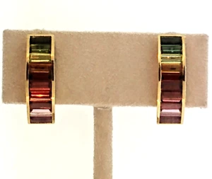 Rainbow Pierced  Earrings Multicolor Baguette Cut Tourmaline 750/18K Yellow Gold - Picture 1 of 7