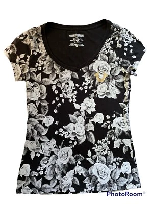 Camisa floral negra True Religion para mujer LOGOTIPO DE BUDA dorado cristal talla S dos caras Foto 1 de 4