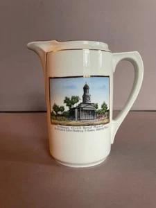 19th c. souvenir porcelain pitcher Unitarian Church Quincy Mass John Adams 5" - Picture 1 of 8