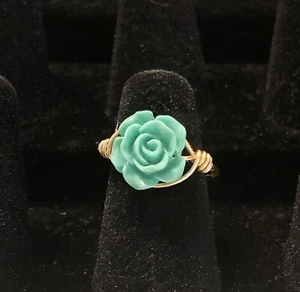 Turquoise Rose Ring, Gold Tone Wire, Size 5. Handmade Jewelry, Gift. - Picture 1 of 3