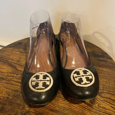 Tory Burch Shoes Black Leather Gold Logo Benton 2 Ballet Scrunch Size 11 - Image 1 of 4