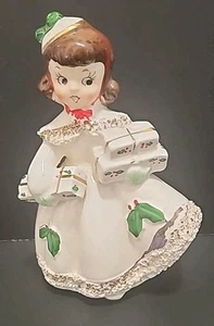 Vtg Relco?  Christmas Shopper Girl Coat Spaghetti trim Lady Figure Ceramic 50'S - Picture 1 of 10